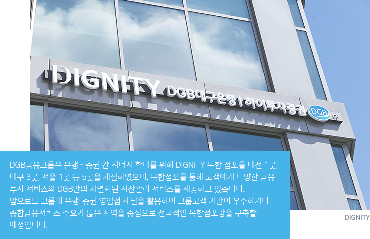 DGB금융그룹은 은행-증권 간 시너지 확대를 위해 DIGINITY복합 점포를 대전 1곳, 대구 3곳, 서울 1곳 등 5곳을 개설하였으며, 복합점포를 통해 고객에데 가양한 금융 투자 서비스와 DGB만의 차별화된 자산관리 서비스를 제공하고 있습니다. 앞으로도 그뤂내 은행증권 영업점 채널을 활용하여 그룹고객 기반이 우수하거나 종합금융서비스 수요가 많은 지역을 중심으로 전국적인 복합점포망을 구축할 예정입니다.