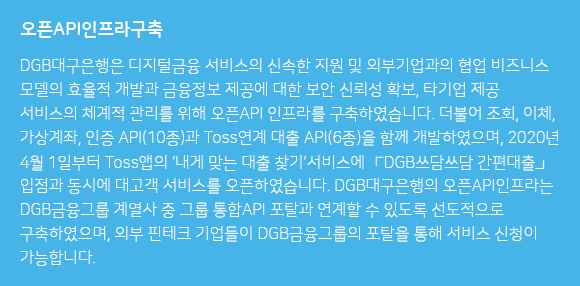 오픈API인프라구축 : DGB대구은행은 디지털금융 서비스의 신속한 지원 및 외부기업과의 협업 비즈니스
                                        모델의 효율적 개발과 금융 정보 제공에 대한 보안 신뢰성 확보, 타기업 제공
                                        서비스의 체계적 관리를 위해 오픈API 인프라를 구축하였습니다. 더불어 조회, 이체,
                                        가상계좌, 인증 API(10종)과 Toss연계 대출 API(6종)을 함께 개발하였으며, 2020년
                                        4월 1일부터 Toss앱의 ‘내게 맞는 대출 찾기’서비스에 ‘DGB쓰담쓰담 간편대출’
                                        입점과 동시에 대고객 서비스를 오픈하였습니다. DGB대구은행의 오픈API 인프라는
                                        DGB금융그룹 계열사 중 그룹 통합API 포탈과 연계할 수 있도록 선도 구축되었으며,
                                        외부 핀테크 기업들이 DGB금융그룹의 포탈을 통한 접근으로 서비스 신청이
                                        가능합니다.