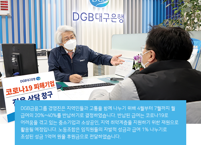 DGB금융그룹 경영진은 지역민들의 고통을 함께 나누기 위해 4월부터 7월까지 월
                                        급여의 20%~40%를 반납하기로 결정하였습니다. 반납된 급여는 코로나19로
                                        어려움을 겪고 있는 중소기업과 소상공인, 지역 취약계층을 지원하기 위한 재원으로
                                        활용될 예정입니다. 노동조합은 임직원들의 자발적 성금과 급여 1% 나누기로
                                        조성된 성금 1억여 원을 후원금으로 전달하였습니다.