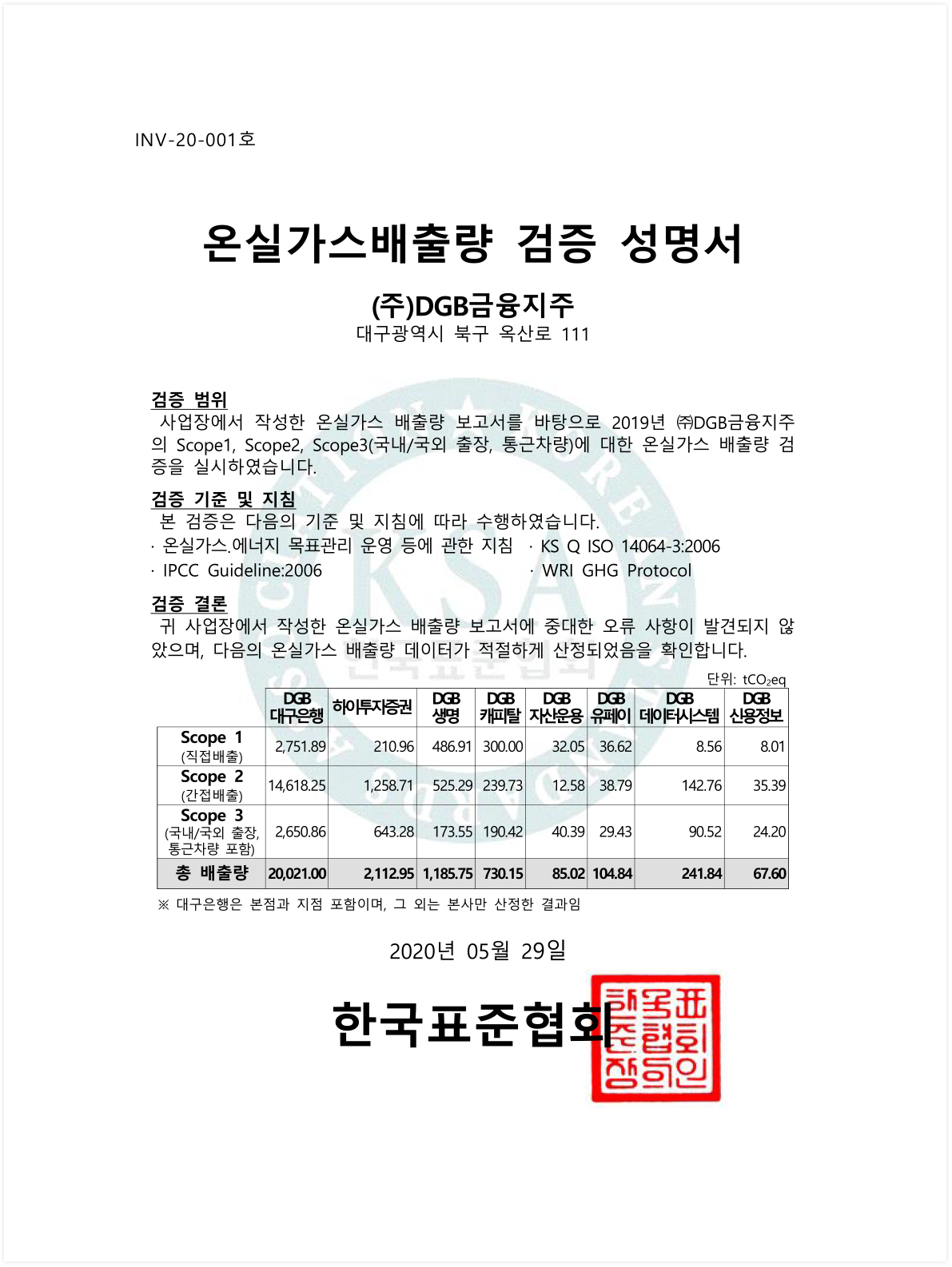 온실가스배출량 검증 성명서